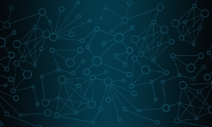Abstract dark blue background featuring an interconnected network pattern of circular nodes and thin connecting lines.