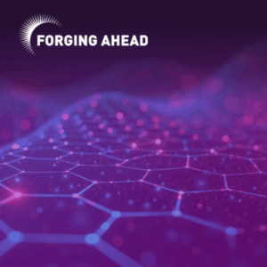 Abstract digital network of glowing blue hexagonal cells forming an undulating landscape, dotted with pink and red light particles against a dark background with a forging ahead logo overlayed