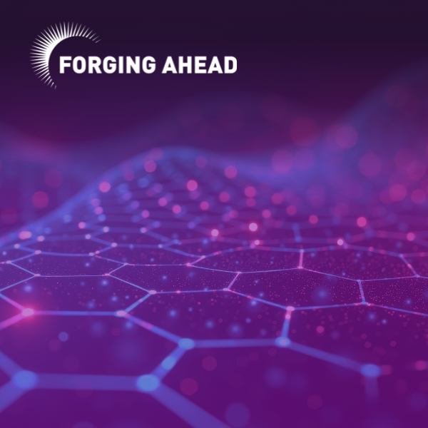 Abstract digital network of glowing blue hexagonal cells forming an undulating landscape, dotted with pink and red light particles against a dark background with a forging ahead logo overlayed