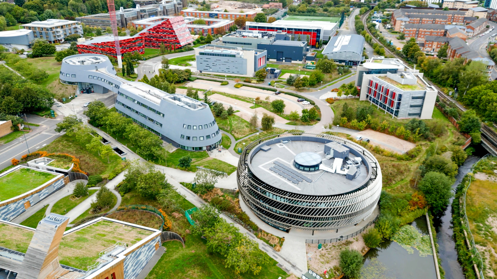 Aerial view of the University of Nottingham Innovation Park showing research buildings and landscaped grounds